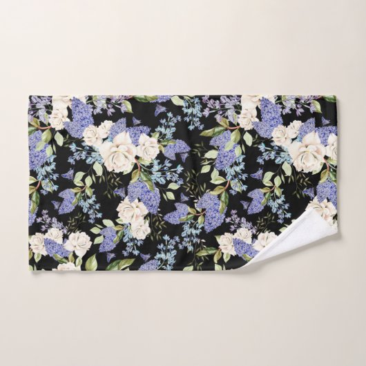 Mooie Bloemen Lila Rozen Paarse Blauw op Zwart Bad Handdoek (Handdoek)