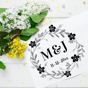 Mooie Bloemen Monogrammen en Datum Aangepaste Trou Rubberstempel