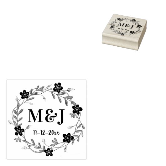 Mooie bloemen Monogrammen en datum Aangepaste trou Rubberstempel (Gestempeld)