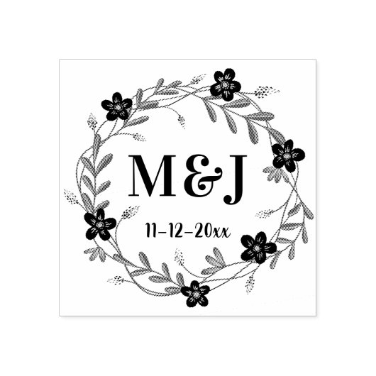 Mooie bloemen Monogrammen en datum Aangepaste trou Rubberstempel (Afrduk)