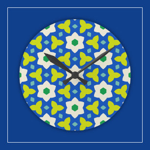 Mooie Bloemen op Blauwe en Groene Geometrische Blo Ronde Klok