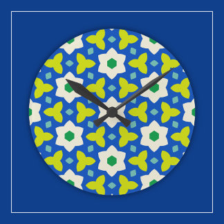Mooie Bloemen op Blauwe en Groene Geometrische Blo Ronde Klok