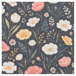 Mooie Bloemen op Gedempte Marineblauw Stof