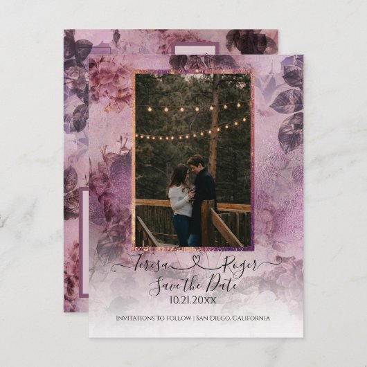 Mooie Bloemen Paarse Hart Doe Mee Script met Foto Aankondigingskaart (Voorkant / Achterkant)