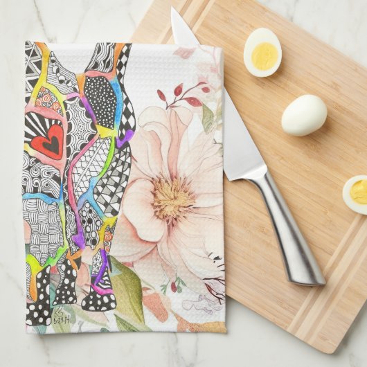 Mooie Bloemen Pastel Kat Keukenhanddoek (Quarter Fold)