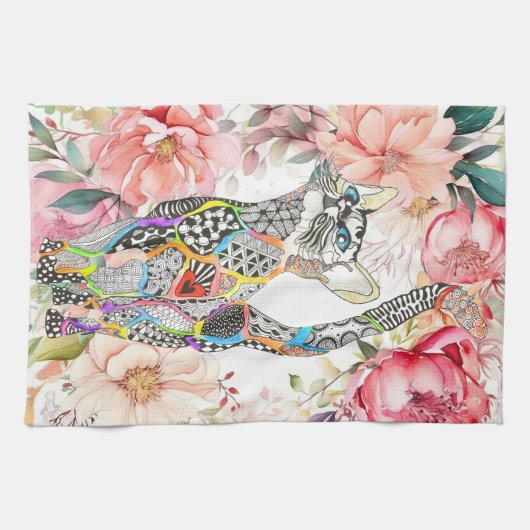 Mooie Bloemen Pastel Kat Keukenhanddoek (Horizontaal)