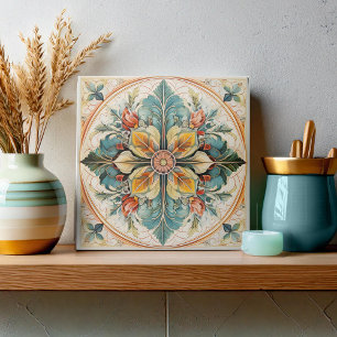 Mooie Bloemen Tegel Pat#15 Blauwgroen Geel ID1078 Tegeltje