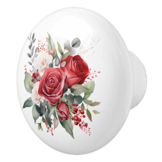 Mooie bloemen van rode en witte Rozen Keramische Knop