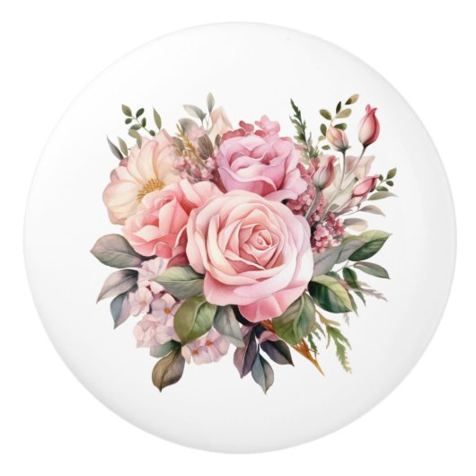 Mooie bloemen van roze rozen keramische knop (Voorkant)