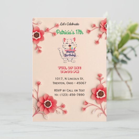 Mooie Bloemen Verjaardag Kaart met Roze Bloemen (Staand voorkant)