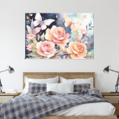 Mooie Bloemen Vlinder Waterverf Kunst Canvas Afdruk (Insitu (Slaapkamer))