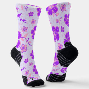 Mooie bloemendruk paars en roze op lavendel sokken