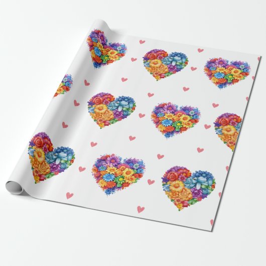 Mooie bloemenharten op witte Valentijnsdag Cadeaupapier (Uitgerold)