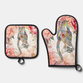 Mooie bloemenkat gewatteerd ovenwant & pannenlap set