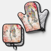 Mooie bloemenkat gewatteerd ovenwant & pannenlap set (Voorkant / Achterkant)