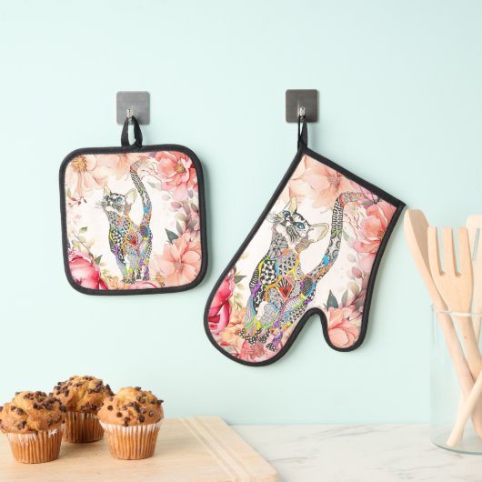 Mooie bloemenkat gewatteerd ovenwant & pannenlap set (Insitu(Ophanging))