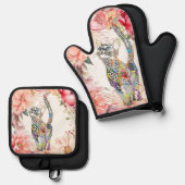 Mooie Bloemenkat Ovenwant & Pannenlap Set (Voorkant / Achterkant)