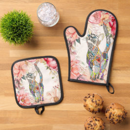 Mooie Bloemenkat Ovenwant & Pannenlap Set