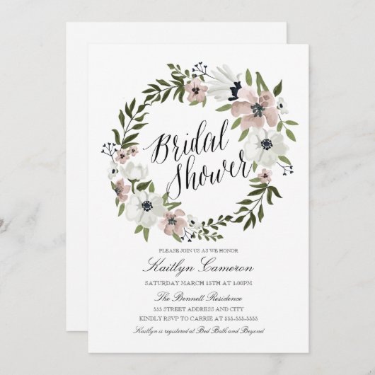 Mooie bloemenkrans - bruids douche uitnodiging (Voorkant / Achterkant)