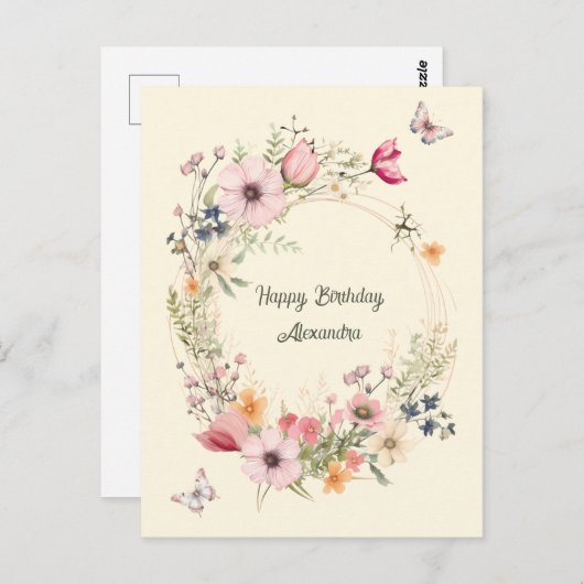 Mooie bloemenkrans en vlinders verjaardag briefkaart (Voorkant / Achterkant)