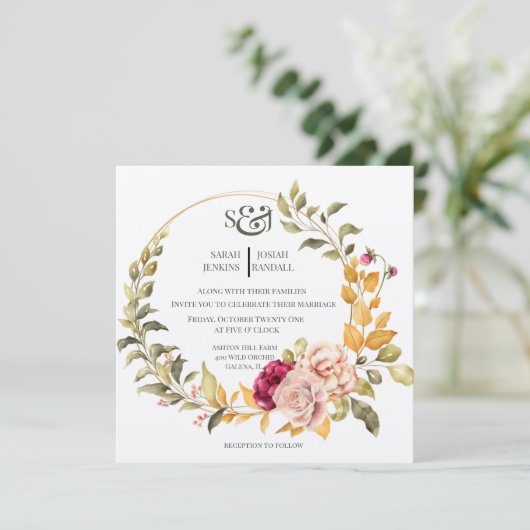 Mooie bloemenkrans ( goud ) Uitnodiging Uitnodigin (Staand voorkant)