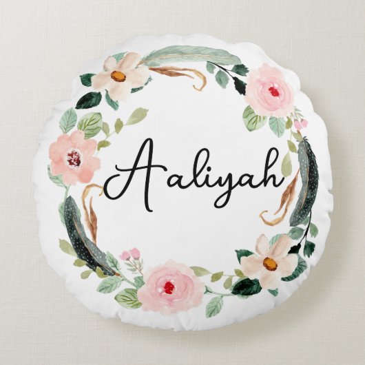 Mooie Bloemenkrans Naam Monogram Rond Kussen (Voorkant)