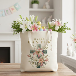 Mooie Bloemenkruis Happy Easter Christelijk Tote Bag