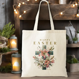 Mooie Bloemenkruis Happy Easter Christelijk Tote Bag