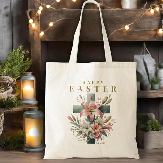 Mooie Bloemenkruis Happy Easter Christelijk Tote Bag