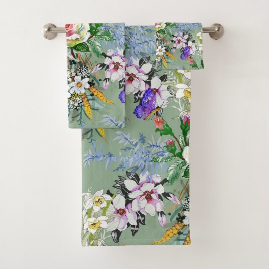 Mooie bloemenmotief Rozen Wildbloemen Groen Bad Handdoek (Insitu)