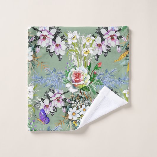 Mooie bloemenmotief Rozen Wildbloemen Groen Bad Handdoek (Wasdoekje)
