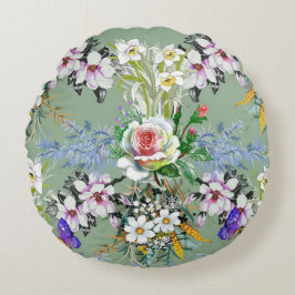 Mooie bloemenmotief Rozen Wildbloemen Groen Rond Kussen