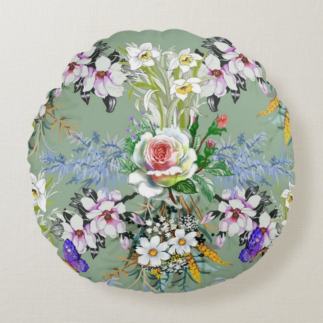 Mooie bloemenmotief Rozen Wildbloemen Groen Rond Kussen (Voorkant)