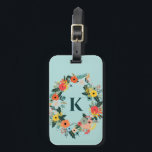 Mooie bloemenovale krans monogram bagagelabel<br><div class="desc">Mooie bloemige monogram bagagelabel met lichtblauwe (of aanpasbare) achtergrond.</div>