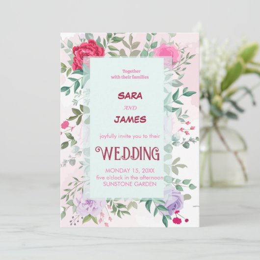 Mooie bloemenrijke en elegante blush Roos bruiloft Kaart (Staand voorkant)