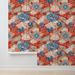 Mooie bloemenrode Japanse draak Elegant Behang