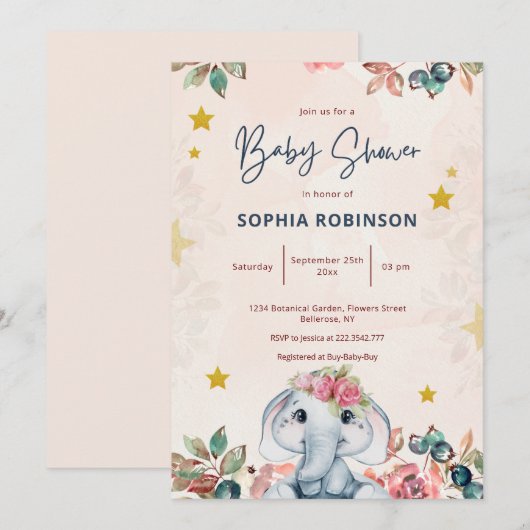 Mooie bloemensliertdesign olifant baby shower uitn kaart (Voorkant / Achterkant)