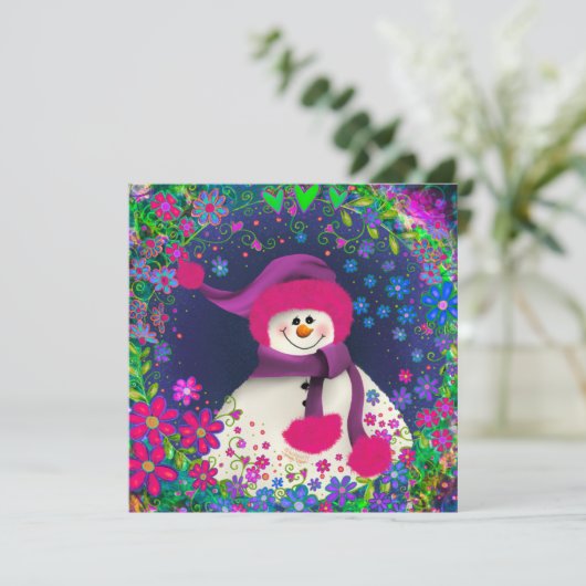 Mooie bloemensneeuwman meisjesachtige inspirerende feestdagenkaart (Staand voorkant)