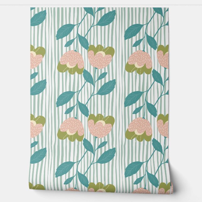 Mooie bloemenstrepen met Schattigee blauwe achterg Behang (Afrollen)