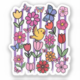 Mooie bloementuin Doodle Sticker Vogel Vlinder