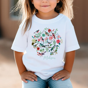 Mooie bloemenvogels botanisch patroon t-shirt