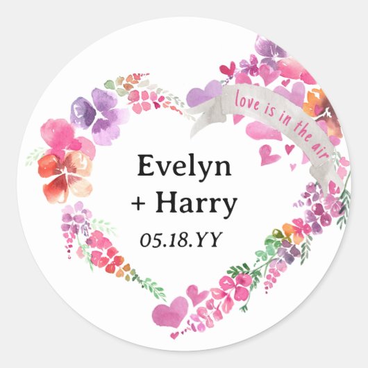 Mooie bloemhart bruiloftfeest ronde sticker (Voorkant)