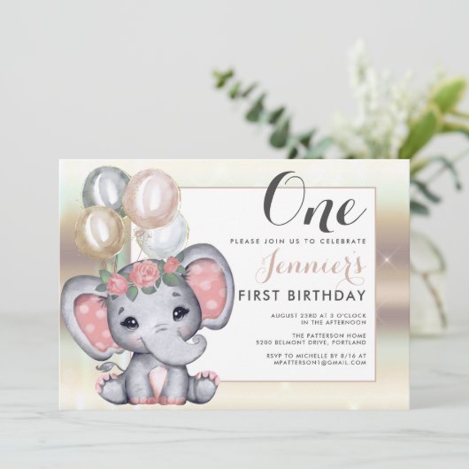 Mooie bloemige babyolifant met ballonnen kaart (Staand voorkant)