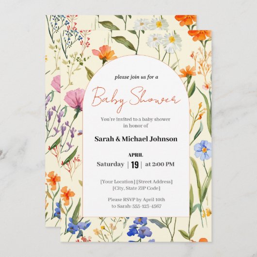 Mooie bloemige babyshower uitnodiging (Voorkant / Achterkant)