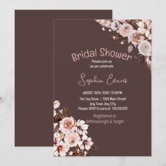 Mooie Bloemige Boho Bruine Bruiloft Brunch Kaart (Voorkant / Achterkant)