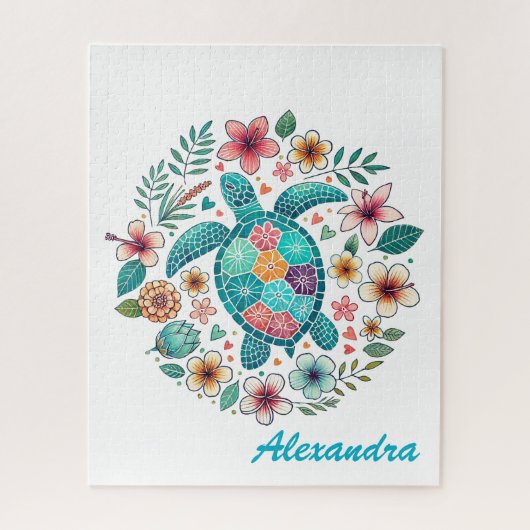 Mooie Bloemige Boho Zeeschildpad Aangepaste Naam Legpuzzel (Verticaal)