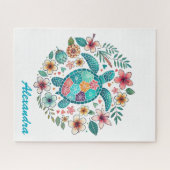 Mooie Bloemige Boho Zeeschildpad Aangepaste Naam Legpuzzel (Horizontaal)
