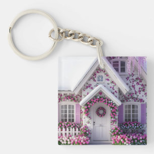 Mooie Bloemige Cottage Droom Roze Huis Acrylic Sle Sleutelhanger