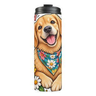 Mooie bloemige digitale ontwerp met gouden retriev thermosbeker