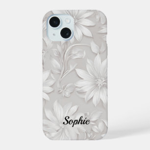 Mooie Bloemige Gebatikte Natuurlijke Witte Elegant iPhone 15 Case